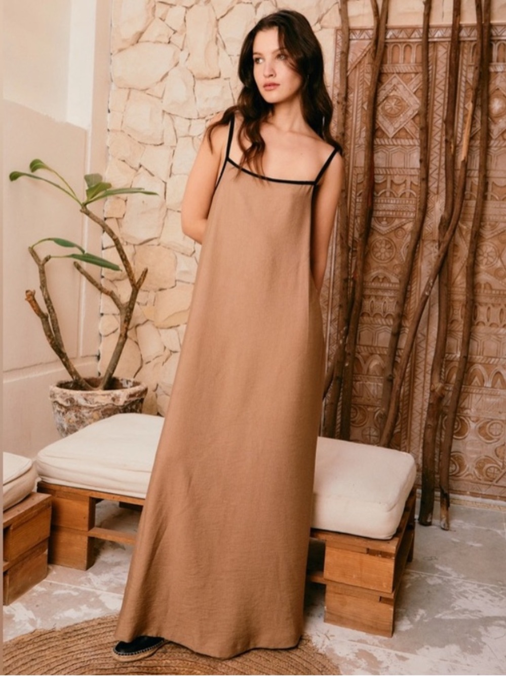 Senllen linen maxi dress Camel brown tan  Black Trim adjustable Size Small NWT